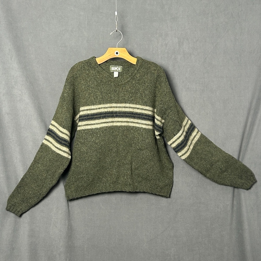 Vtg 90s BKE Wool Blend Striped Sweater Mens L Green Gray Crewneck Knit USA Made